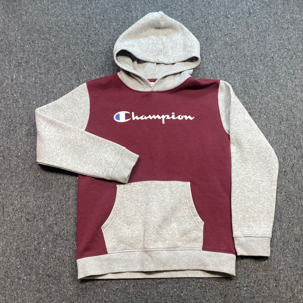 Champion Hoodie Sz L Youth Maroon Gray Streetwear Script Logo Sweatshirt